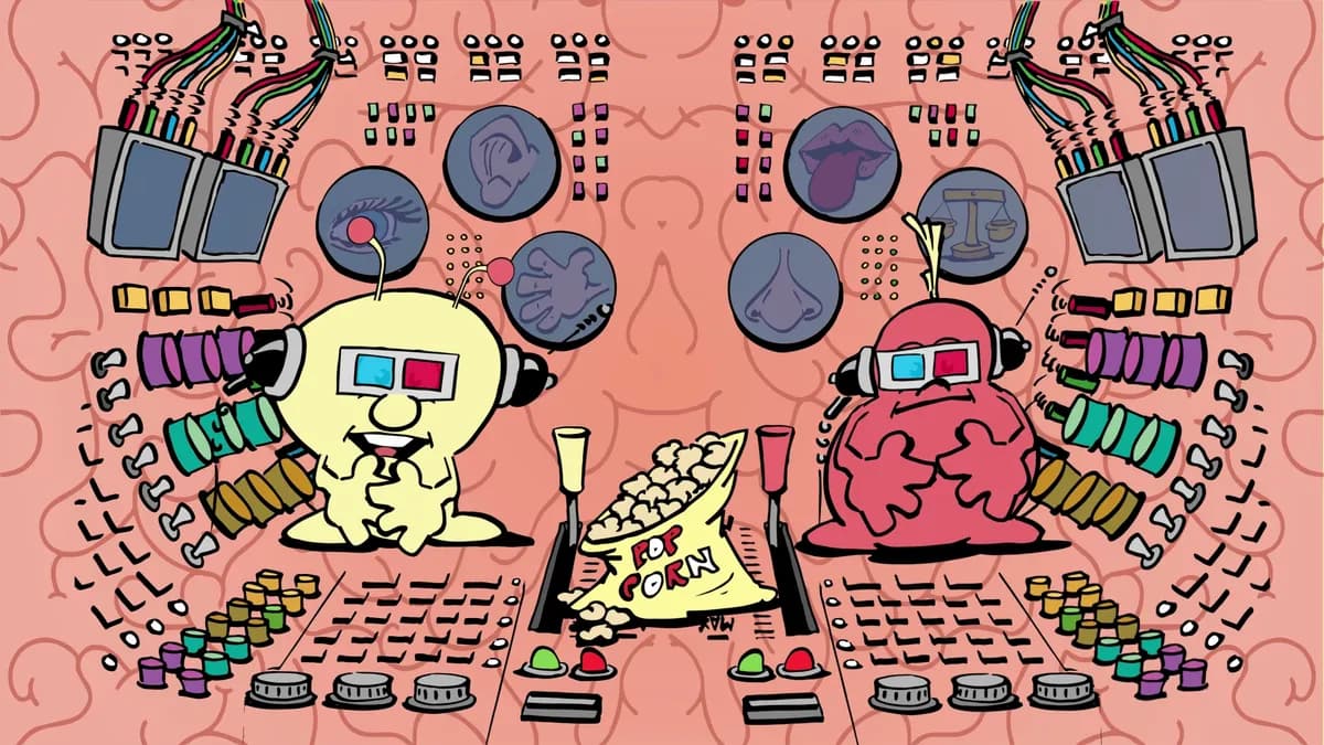 Illustration aus dem Verstehvideo „Psy und Som“: Zwei Figuren mit 3D-Brillen sitzen an einem bunten Steuerpult im Kopf und teilen sich Popcorn.